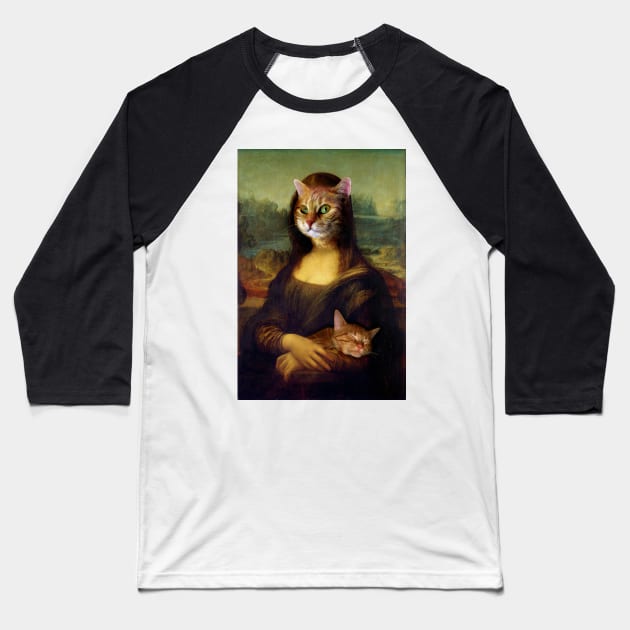 Mona Lisa Orange Cat Baseball T-Shirt by artbylucie